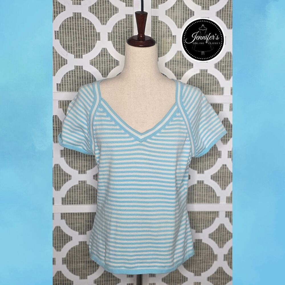 Talbots Teal & White V Neck Striped Short Sleeve Sweater Size Large